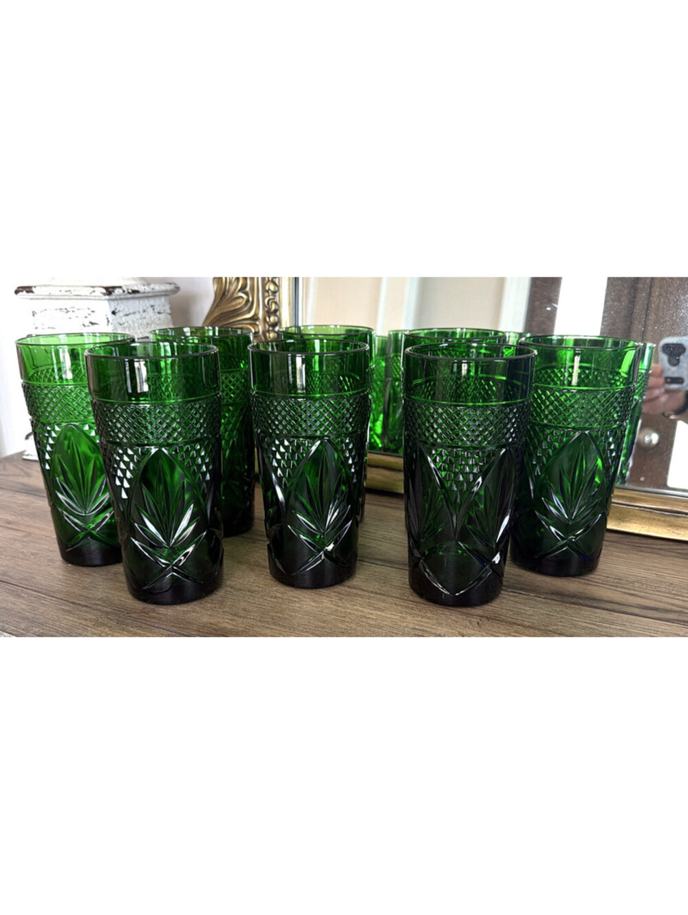 Cristal D’Arques Durand Antique Emerald Green Tumblers France Set of 8 Vintage